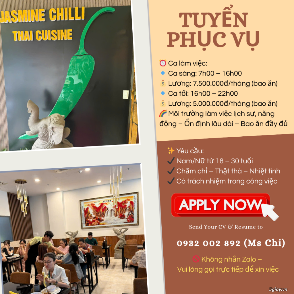 NHÀ HÀNG JASMINE CHILLI – TUYỂN NHÂN VIÊN PHỤC VỤ Q1