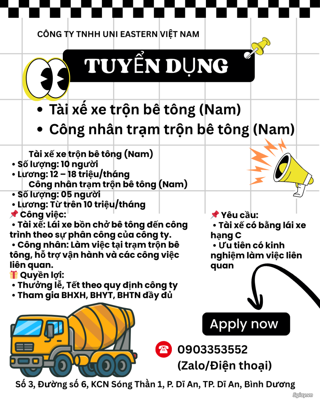 Tuyển Tài xế và công nhân trộn bê tông Dĩ An
